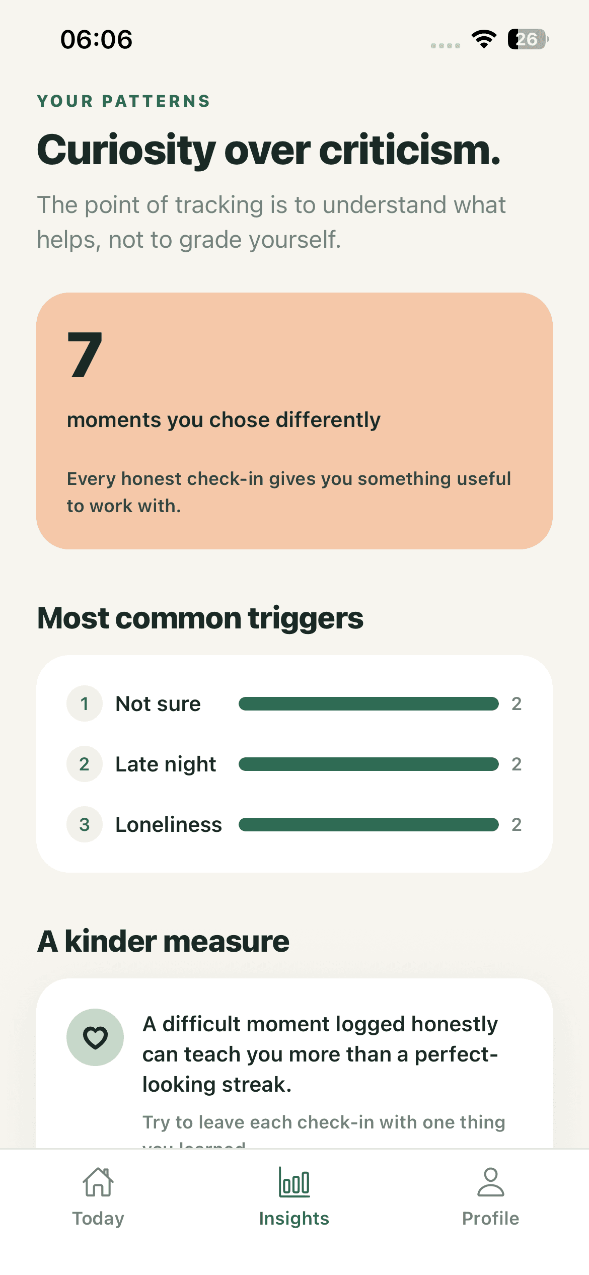 ReesetMe Insights screen showing patterns and progress