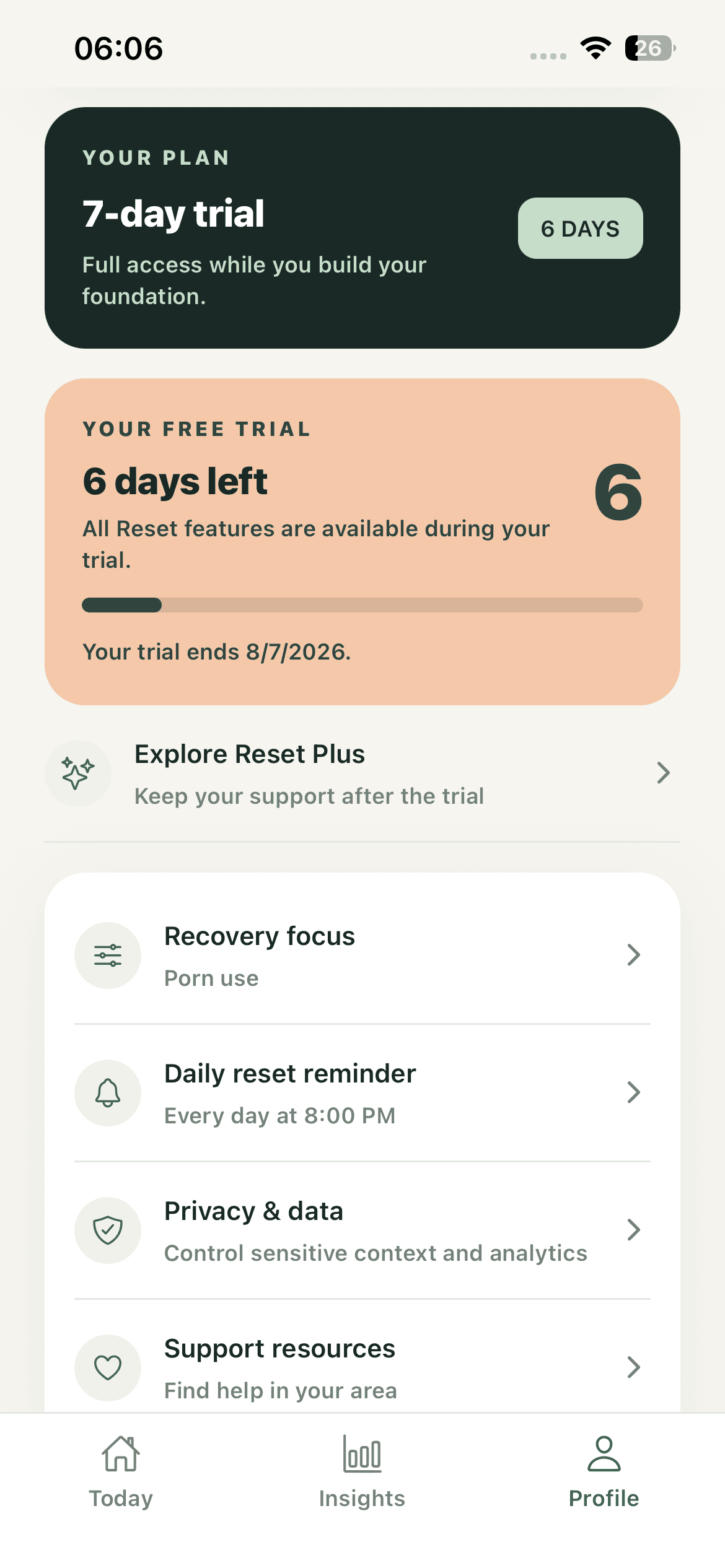 ReesetMe Profile screen showing the seven day trial and settings